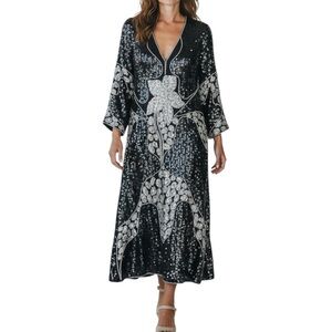 Scala Silk Beaded & Sequin Art Deco Long Sleeve Evening Dress - L/XL - See Desc